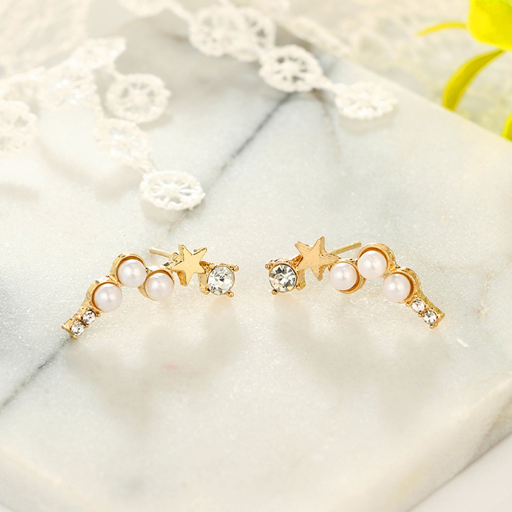 Anting Stud Desain Bintang Aksen Mutiara Berlian Imitasi Untuk Wanita
