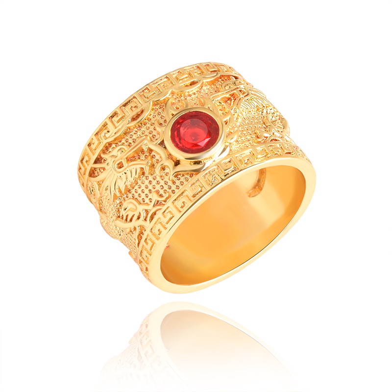 Goldkingdom Perhiasan Fashion Emas Asli Kadar 375 Bangkok Aksesoris Ready Stock Berlapis Emas Naga Cincin Ganda Naga Bermain Mutiara Ruby Mendominasi Desain Sederhana