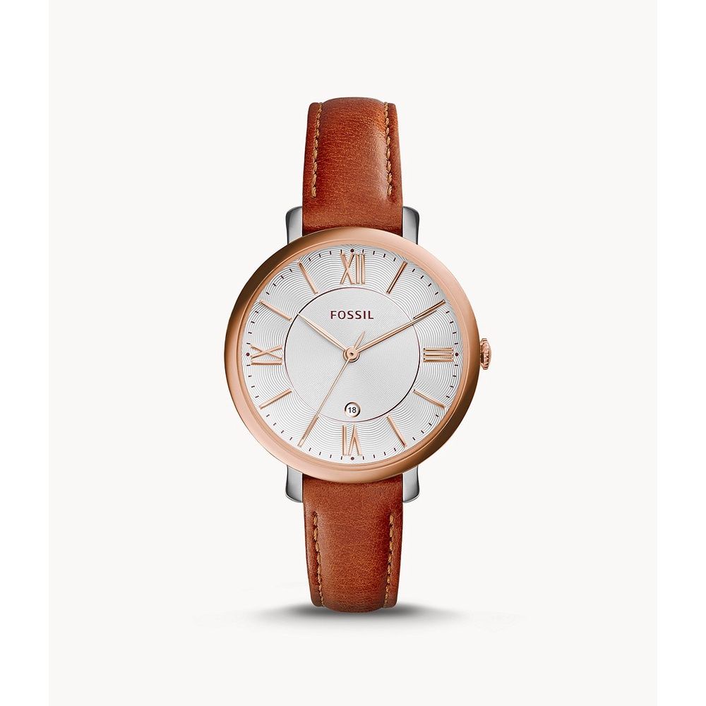 Jam Tangan Wanita Minimalis Jacqueline Date Light Brown Leather Strap Original BNIB