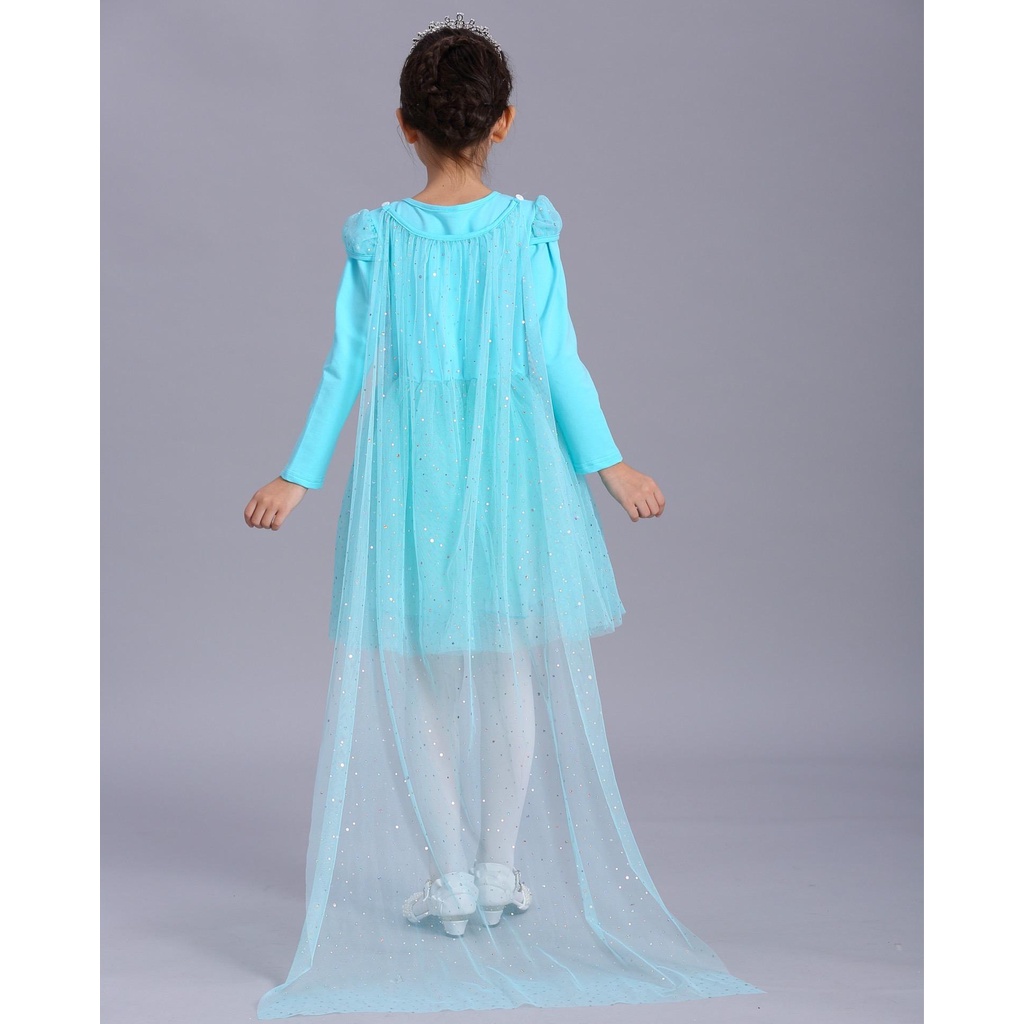 Dress Frozen Elsa Biru Rok Tutu Jubah Lengan Panjang Princess Kostum Import