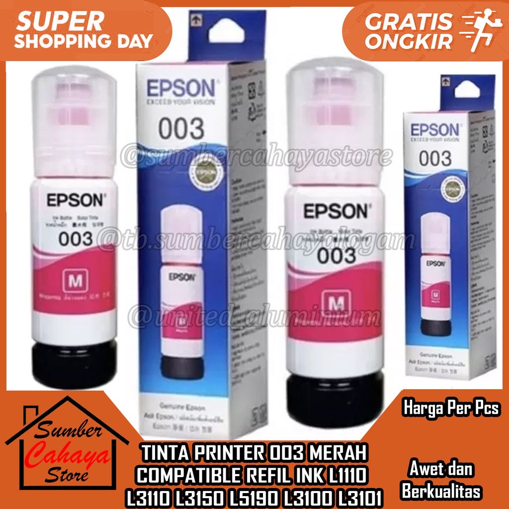 Refil Epson 003 Magenta Original Tinta Printer  Tipe  L1110 L3110 L3150 L5190 L3100 L3101 Compatible