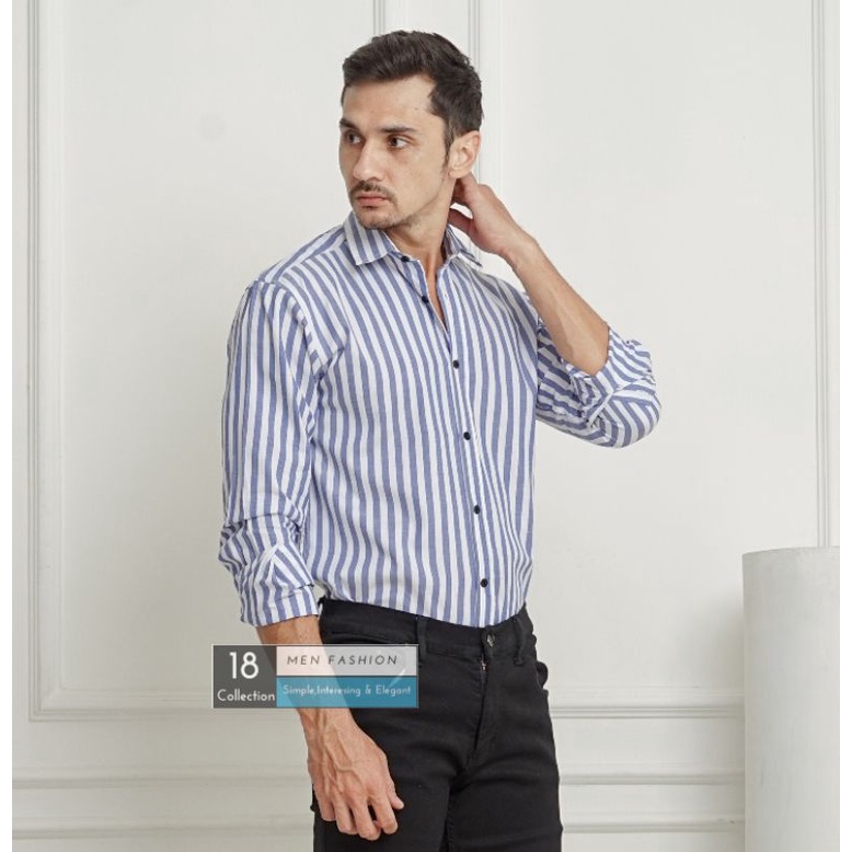 [Bisa COD] Kemeja Lengan Panjang Slimfit Motif Stripe