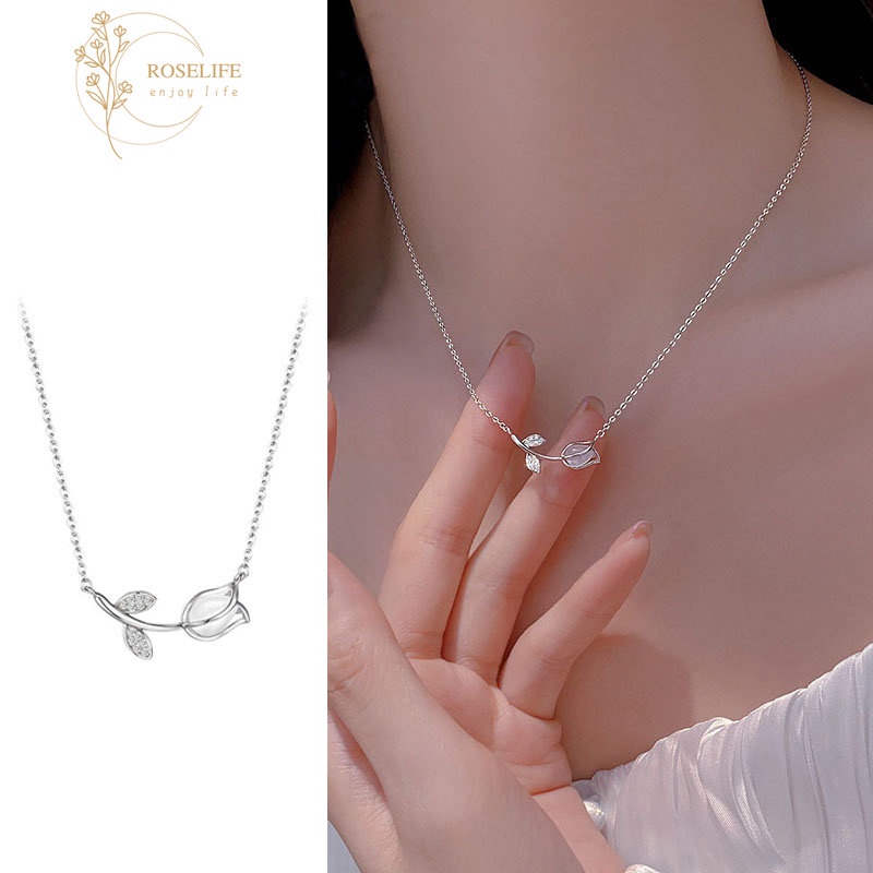 Kalung Rantai Pendek Liontin Bunga Tulip Batu Opal Mata Kucing Gaya Korea Untuk Wanita