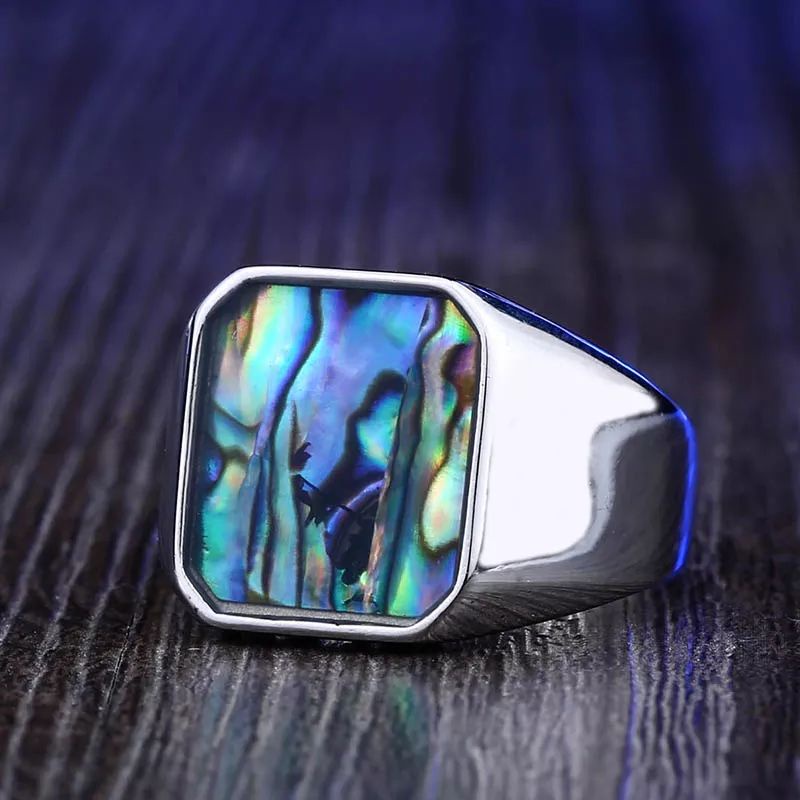 Cincin Batu Kerang Mutiara Abalone Shell Rainbow Ring Titanium Stainless Steel