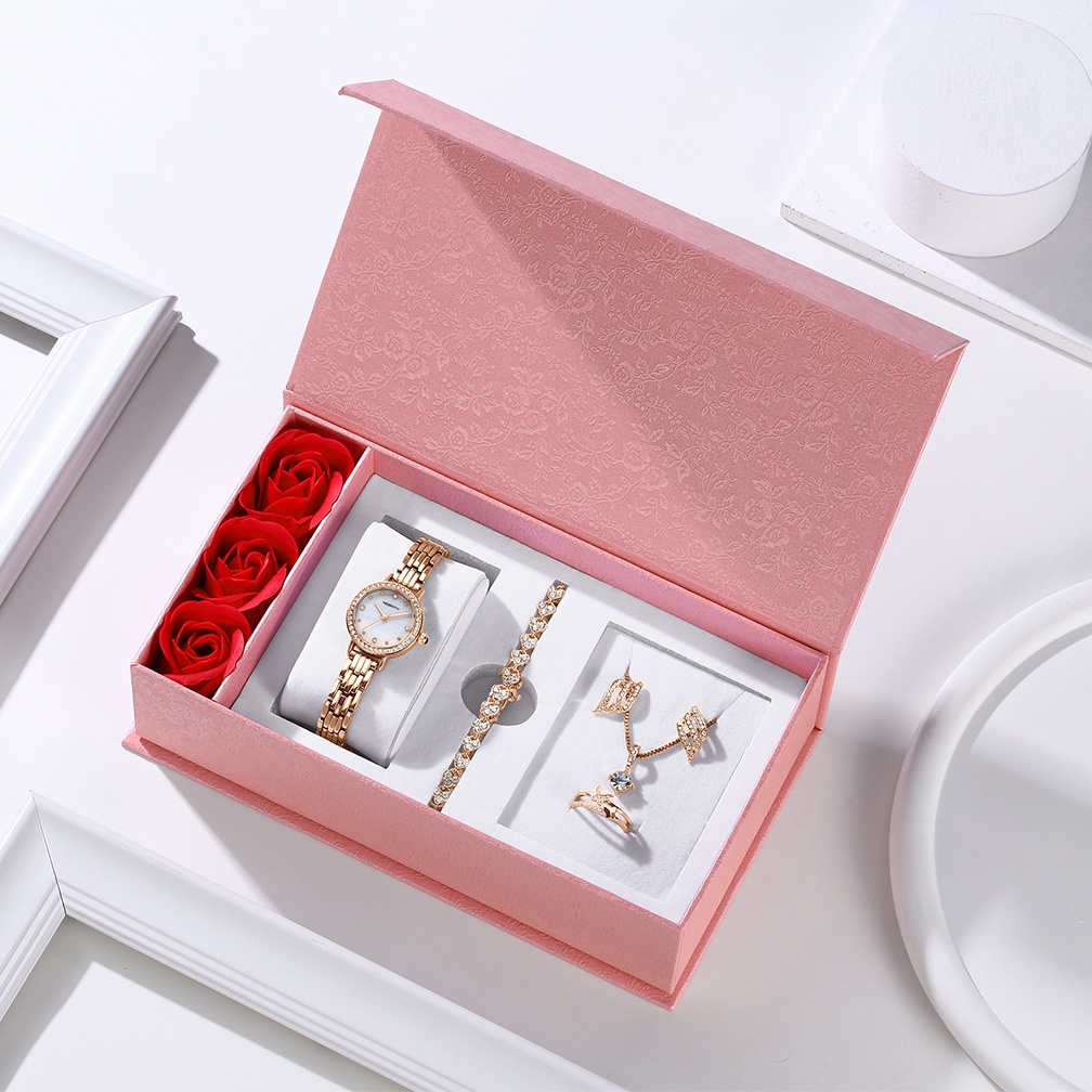 REBIRTH Jam Tangan Wanita Mode Elegan Kuarsa Anti Air Jam Tangan Hadiah Ulang Tahun untuk Pacar Istri Kekasih Kotak Hadiah Set [Jam Tangan + Kalung + Gelang + Anting-Anting + Cincin]