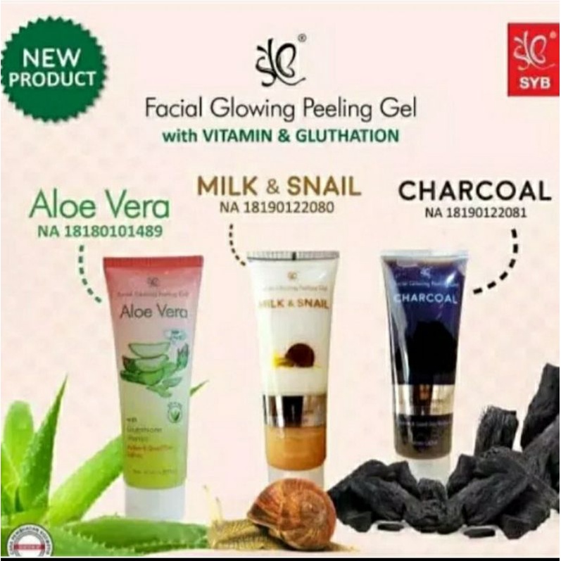 SYB FACIAL GLOWING | PEELING GEL ALOE VERA CHARCOAL MILK N SNAIL | BPOM