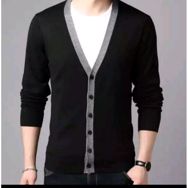 Cardigan Pria Rajut Premium Terkinian Casual  hitam garis abu