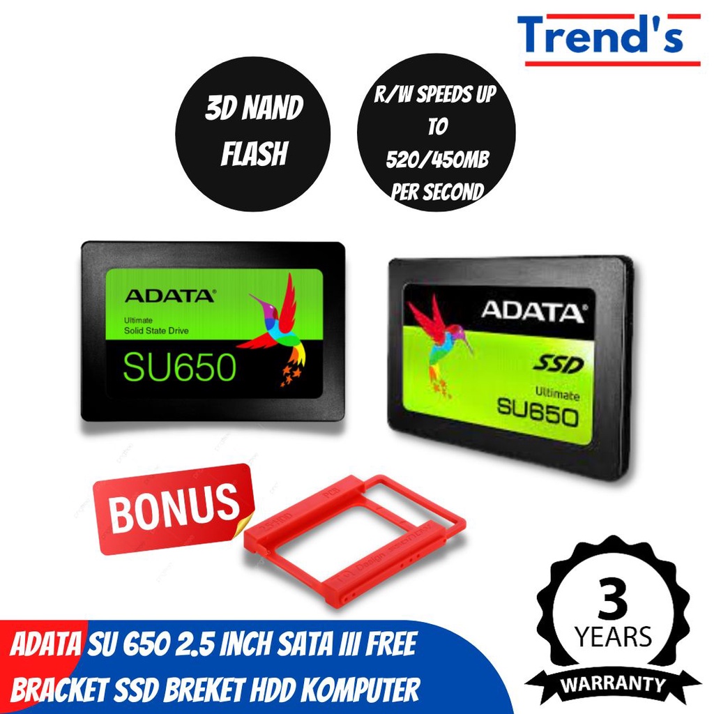 SU 650 2.5 Inch ADATA SSD SATA III FREE Bracket SSD Breket HDD untuk PC Komputer
