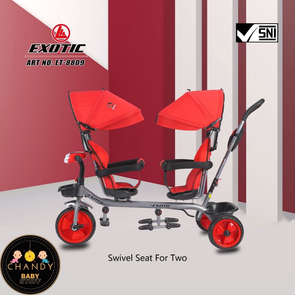 SEPEDA ANAK RODA TIGA EXOTIC ET 8809 TWIN ( SEPEDA KEMBAR KURSI BISA DIPUTAR, LAMPU DAN MUSIK )