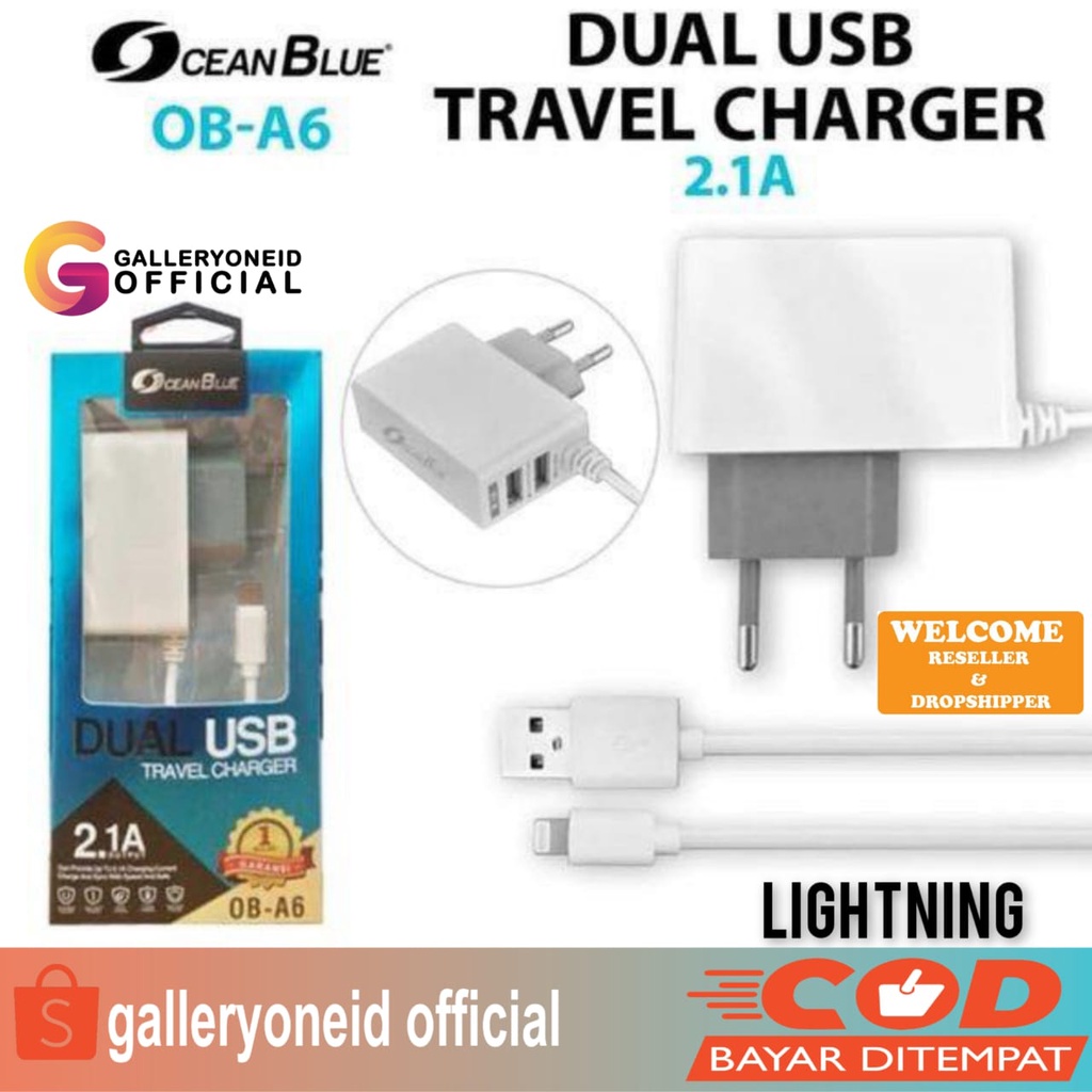 Ocean Blue OB-A6 Dual Port USB Lightning Charger Hp Fast Charging