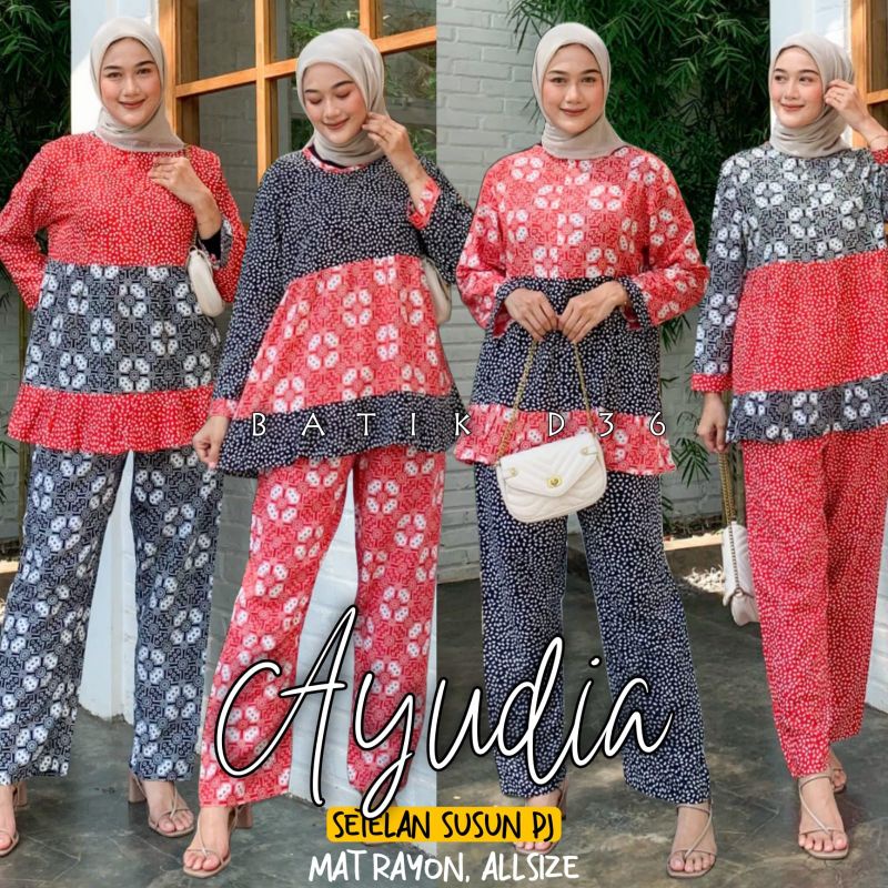 Setelan wanita susun Ayudia motif kombinasi modern Elegen Bahan halus rayon super