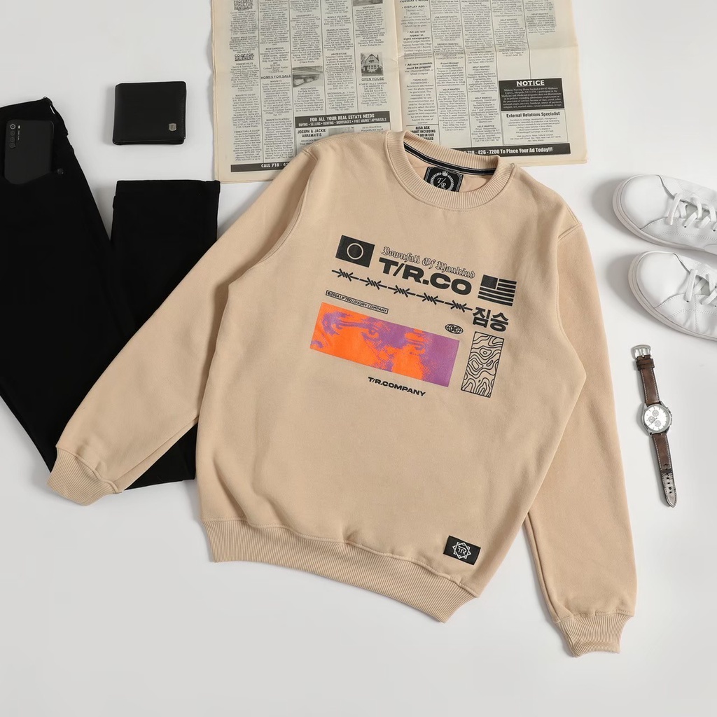 CREWNECK SWEATER KUALITAS DISTRO SABLON BASIC PRIA WANITA M L XL