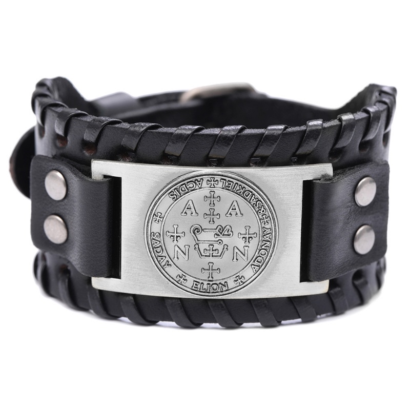 Gelang Tangan Kulit Gaya Vintage Viking Hip Hop Punk Aksen Tulisan Angel Bahan Stainless Steel Untuk Pria