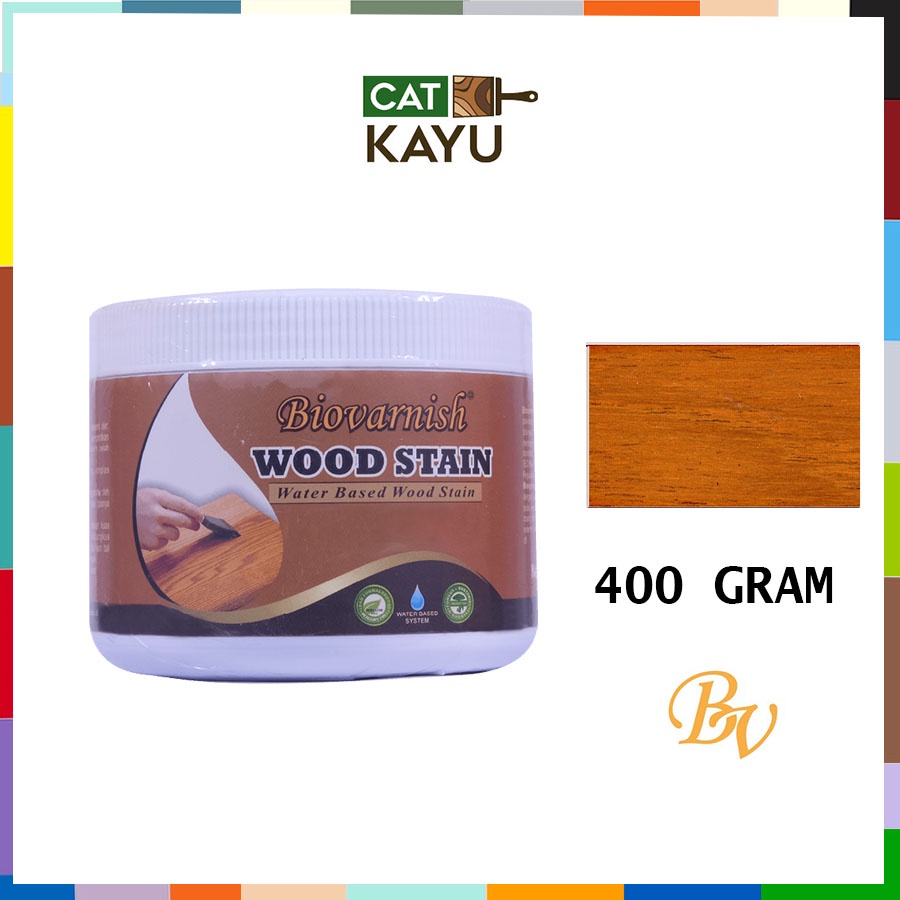 Jual Wood Stain Biovarnish Red Teak 400 Gram Vernish Kayu Waterbase Cup Cat Kayu Jati Merah 1059