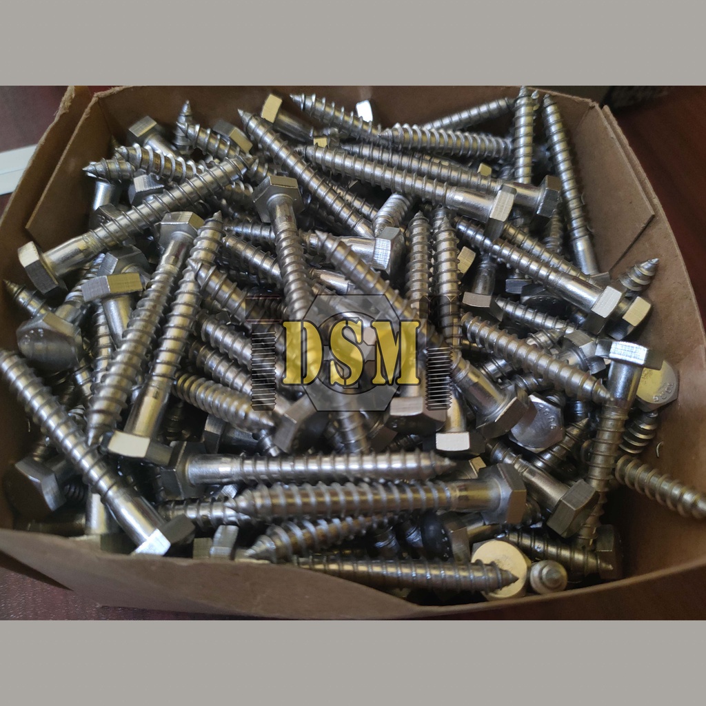 SS 304 / Lag Screw M10 / Deskrup 3/8x1 1/2&quot; / Baut Kayu 4 CM Kunci 14