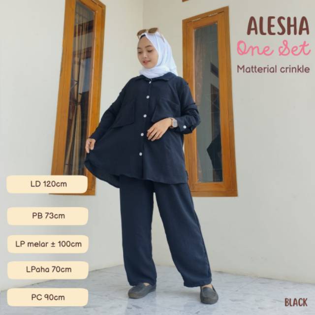 Alesha Oneset bahan rayon crinkle Airflow Ld120cm setelan dewasa tangan panjang celana panjang polos