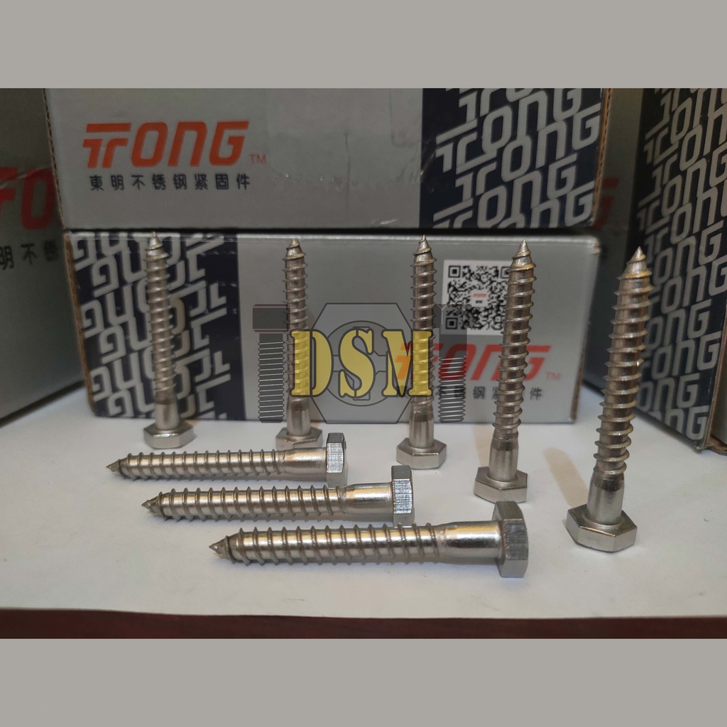 SS 304 / Lag Screw M10 / Deskrup 3/8x1&quot; / Baut Kayu 2,5 CM Kunci 14
