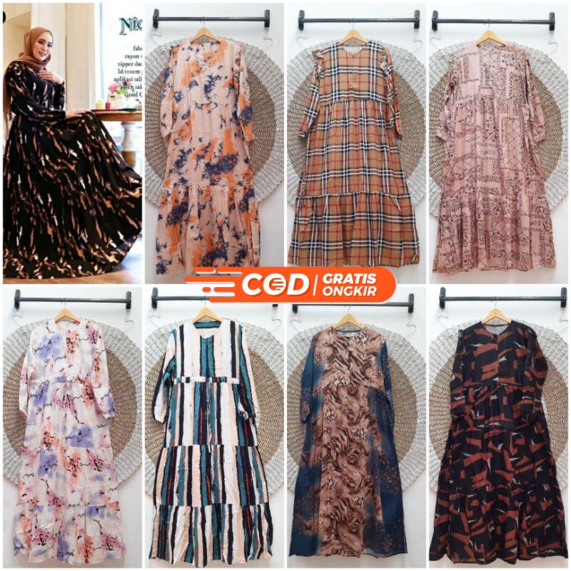 Gamis Katun Rayon Viscose Premium Motif Terbaru Kekinian Dress Rayon Premium Jumbo Ld 105-110 Homey 
