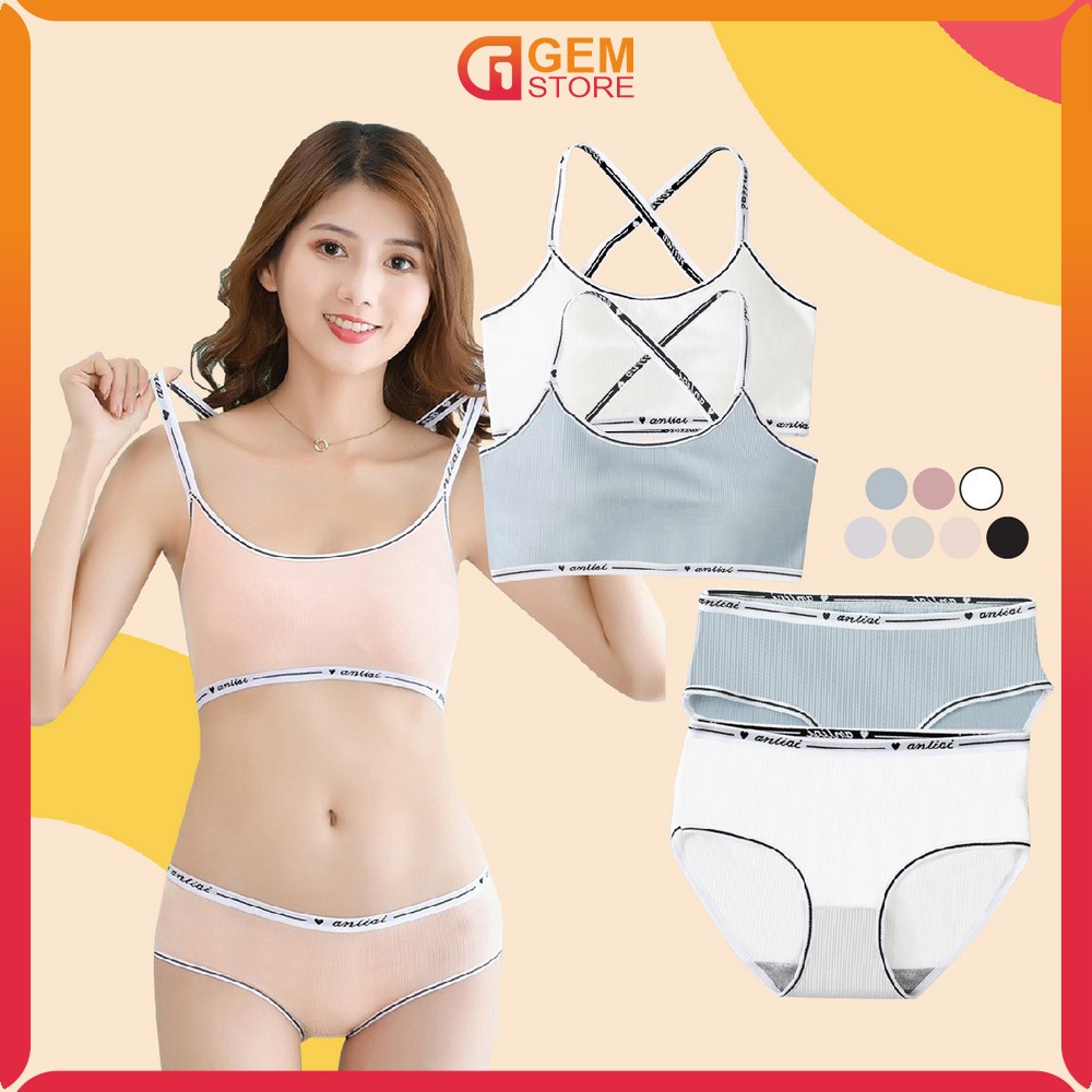 Bra Dan Celana Dalam Wanita Satuan Tali Silang List Putih / BH Tanpa Kawat Wanita / Bralette Fashion