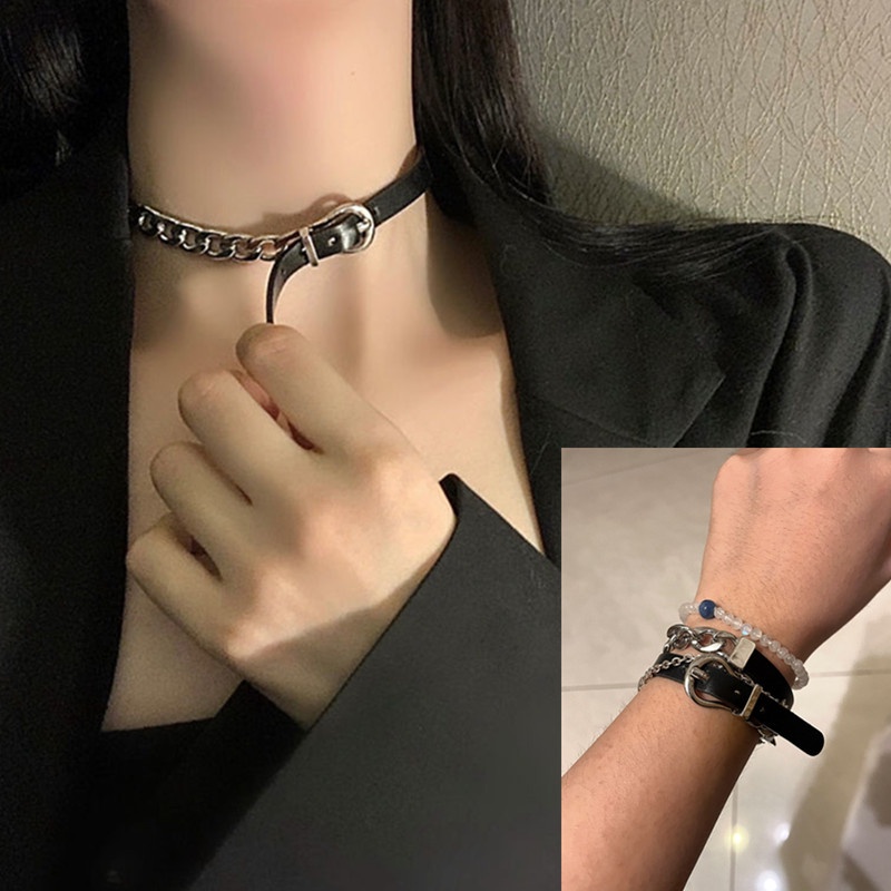 Gelang Bangles Bahan Kulit Dan Stainless Steel Gaya Punk Hip Hop Untuk Wanita