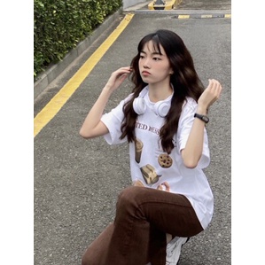 EUNII T-shirt Lengan Pendek Kartun Hidangan Penutup Pencetakan Longgar Korean Style/Kaos Atasan Wanita/Baju Kaus Oversize Wanita