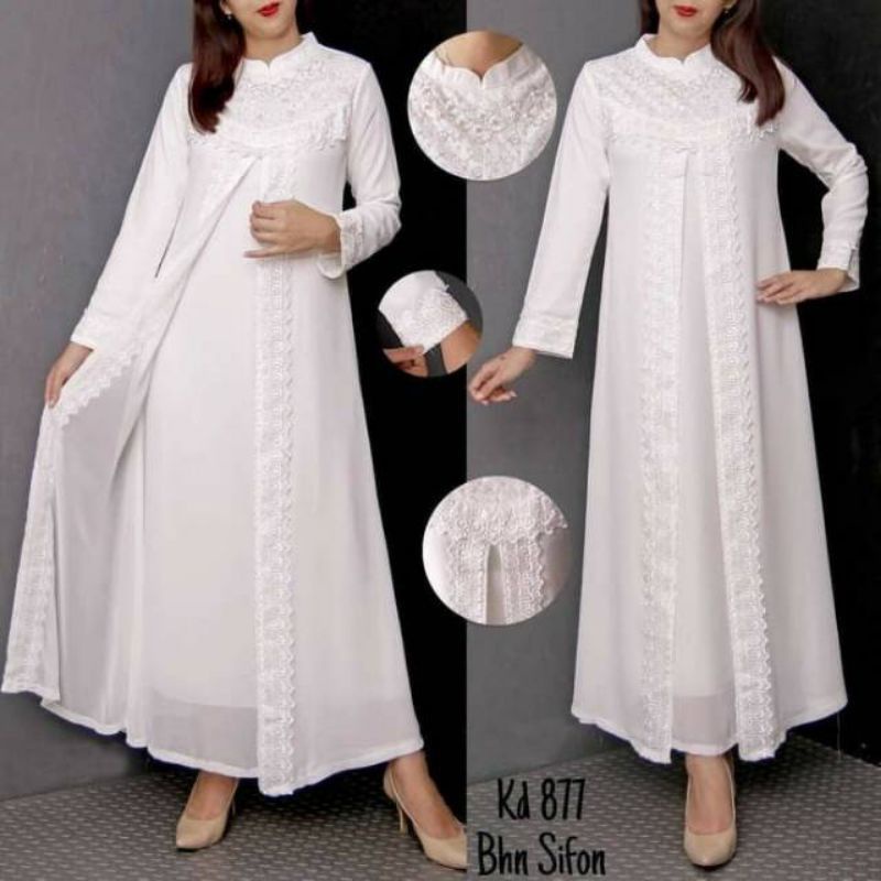 Gamis lebaran terbaru 2025 Gamis putih tulang kalung bunga/gamis putih tulang gamis lebaran gamis ma