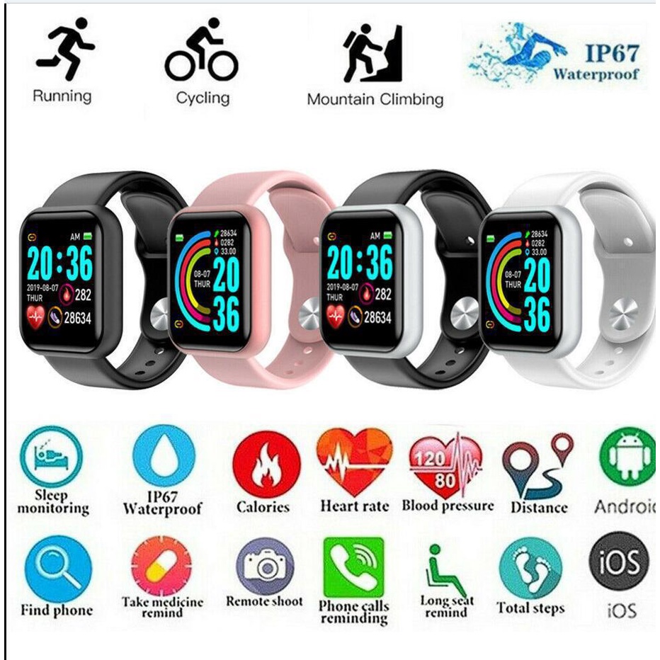 JACKSHOP SmartWatch Sport Bluetooth Smart Watch Pelacak Kebugaran Gelang Pedometer Heart Rate Cocok untuk Cewek/Cowok