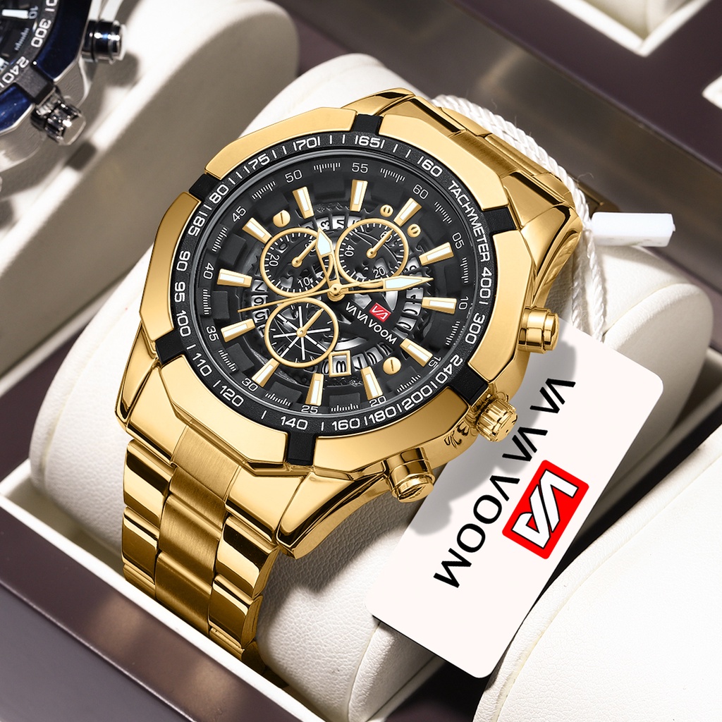 VaVa Voom 2383 Jam Tangan Pria Original Stainless Steel Analog Quartz Cowok Tangan Arloji Tahan Air Watch + Kotak Gratis