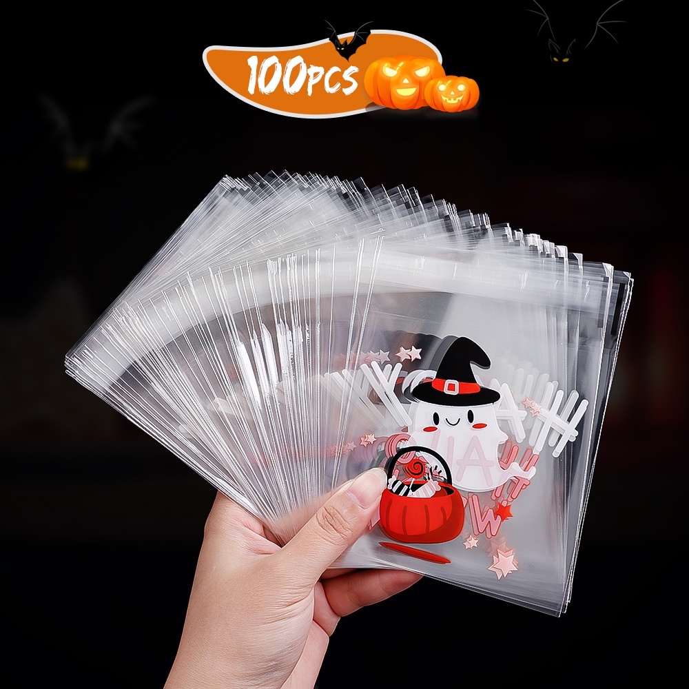 100 Pcs Tas Permen / Kue Kering Motif Labu Hantu Halloween Transparan Dengan Perekat Untuk Perlengkapan Pesta