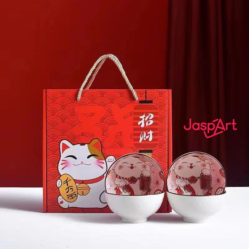 Kucing Hoki Box Set / Piring Set Lucky Cat Hadiah Gift Hampers Imlek Kotak Mangkok Keramik