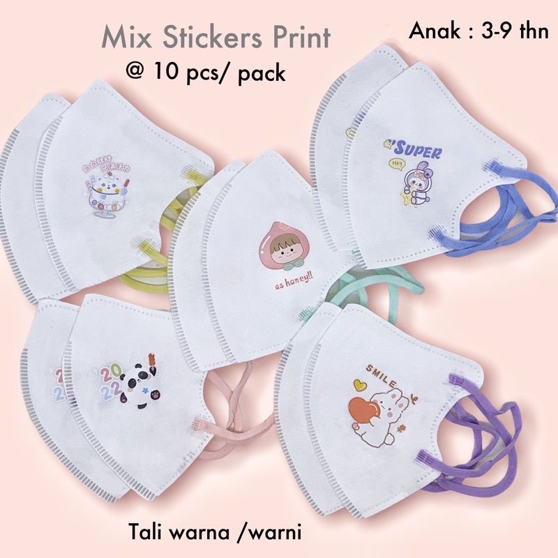 10PCS MASKER ANAK DUCKBILL 3PLY TALI WARNA WARNI POLOS PUTIH BERGAMBAR MIX WARNA RANDOM COWOK CEWEK 