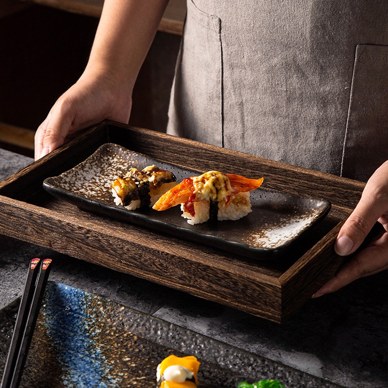 Piring Keramik Jepang Sushi Plate Persegi Panjang - Black Series