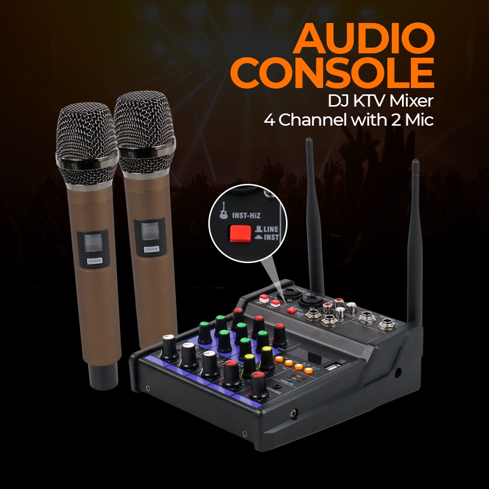 Audio Console Karaoke DJ KTV Mixer 4 Channel with 2 Wireless Microphone - TKR2 - Black