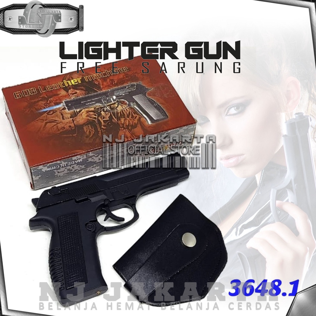 Korek Api Gas PIstol Besi Metal Black Doff Free Sarung Mancis Lighter