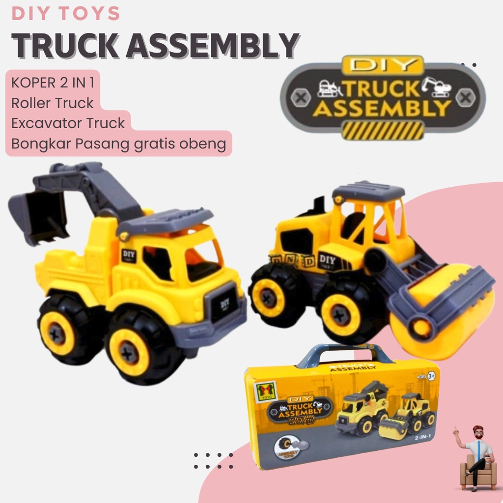 Mainan Mobil Bongkar Pasang Anak Laki DIY Truck Assembly 2 in 1 dengan Koper