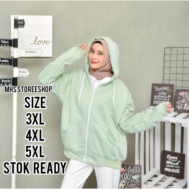 Jaket Jumbo Polos Zipper Pria Wanita Cewek Cowok XXXXXL Hoodie Big Size Oversize Ld 144 Import