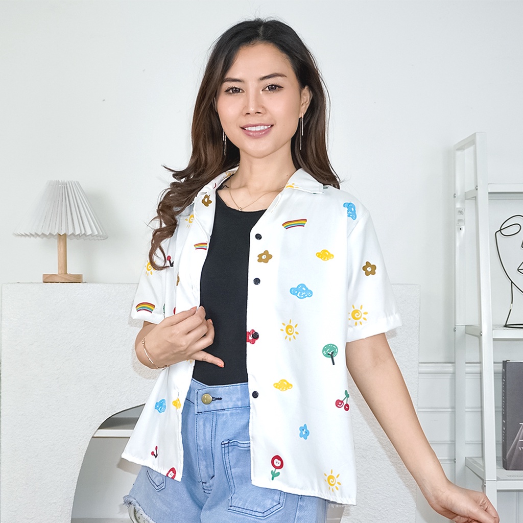 Tq88indonesia Fashion Kemeja Wanita Lengan Pendek /  Daylight Cute Shirt / Kem Kiyowo / Hem / Busana Casual Cewek / Ootd / Oufit Kasual Kekinian