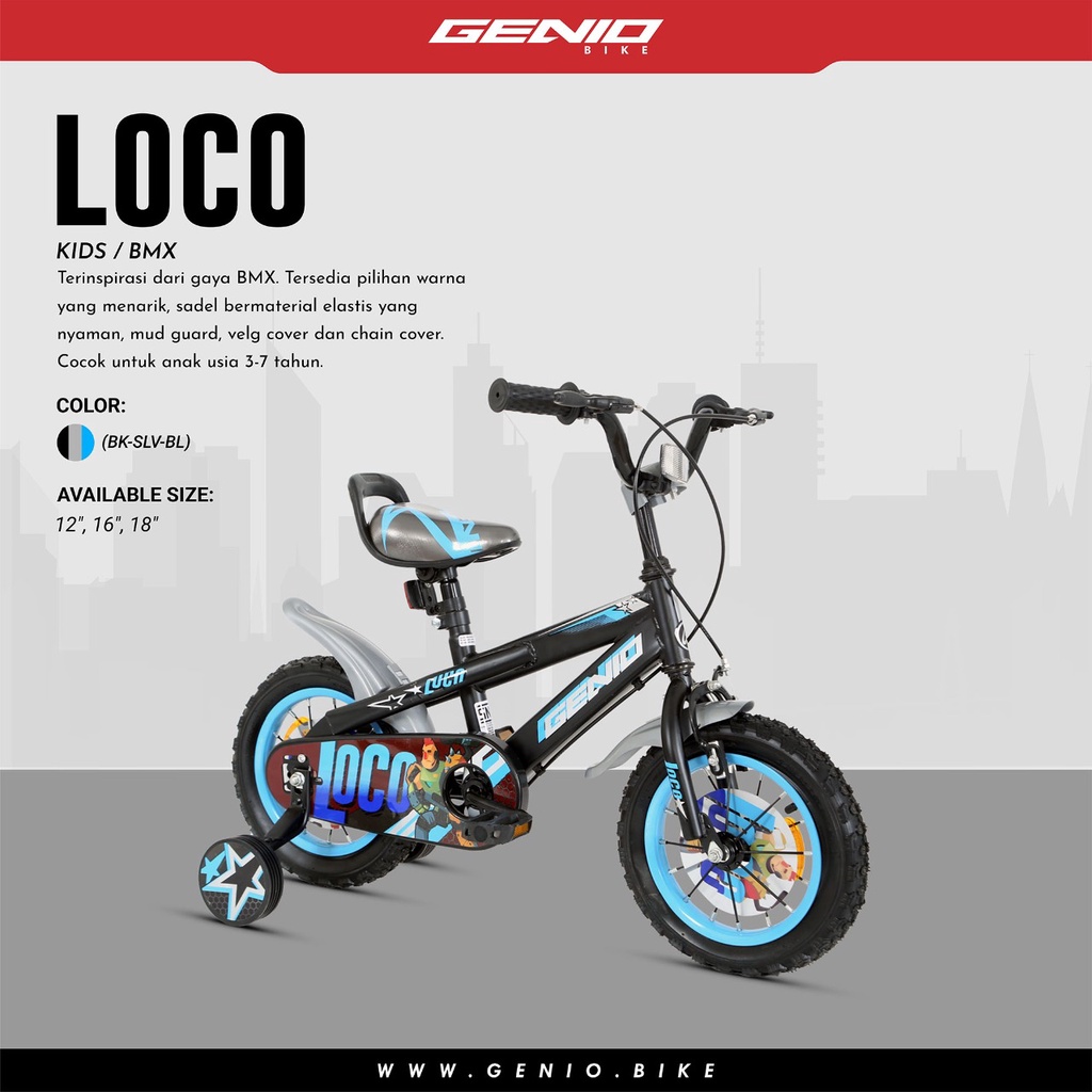 Sepeda Anak Cowok Roda 4 BMX Mini Genio Loco 12 16 18 inch SNI Garansi By dari pabrik resmi dan garansi free jasa service seumur hidup-Black Silver Blue