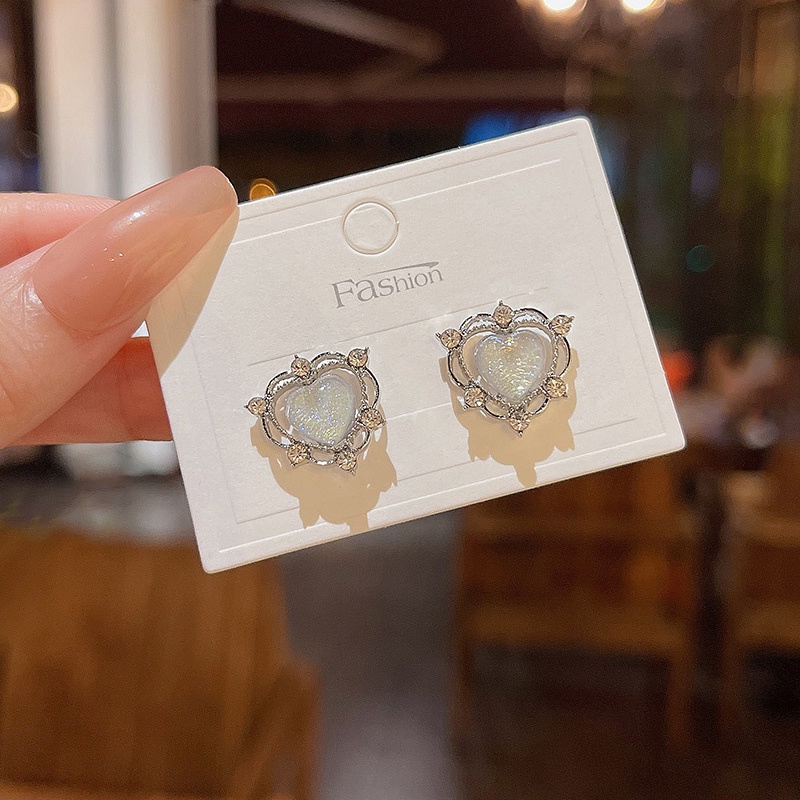 Anting Tusuk Sterling silver 925 Desain Hati Hias Opal + Berlian Gaya Mewah Untuk Wanita