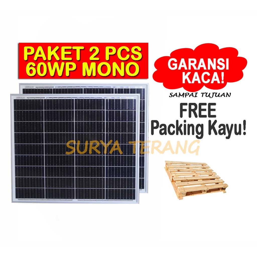 Paket 2pcs Solar Panel 60wp Mono Panel Surya 60wp Monocrystalline FREE Packing Kayu