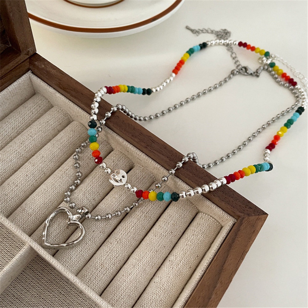 2pcs Kalung Rantai Klavikula Liontin Manik-Manik Hati Pelangi Gaya Korea Untuk Wanita