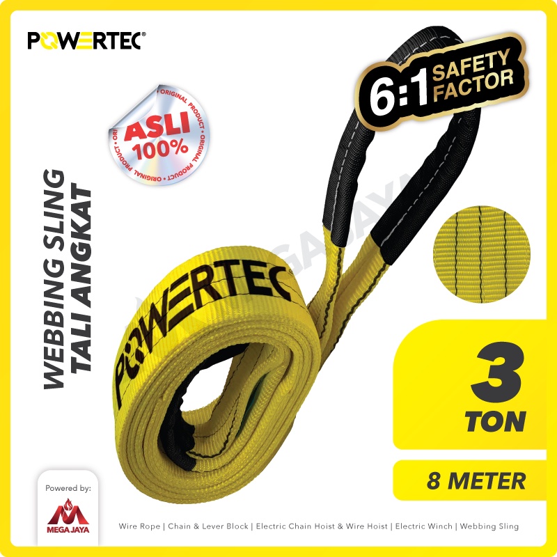 POWERTEC Webbing Sling Belt / Tali Angkat 3 Ton x 8 Meter Double Ply