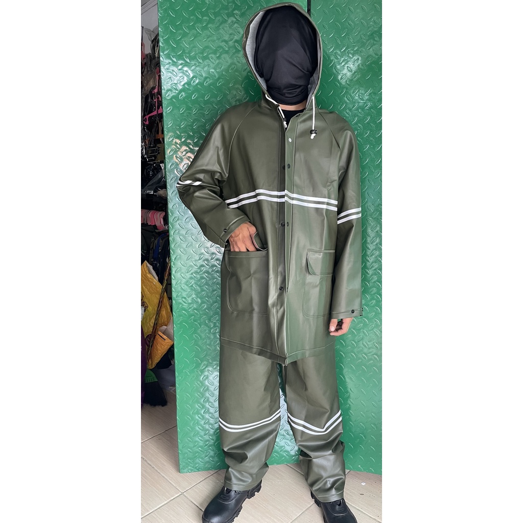 Jas Hujan PVC Hijau - Jas Hujan PVC Karet Tebal - Jas Hujan Hijau Army - Jas Hujan Setelan Karet