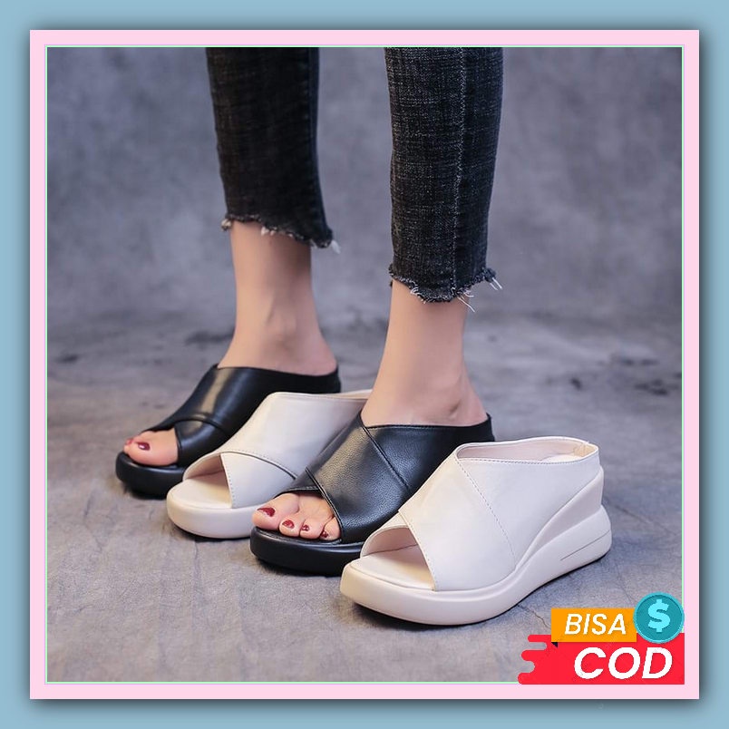 Sandal Wanita Tali Silang Wedges Import Remaja Selop Premium K2F5 Karet Kekinian Fashion Tertutup Pe