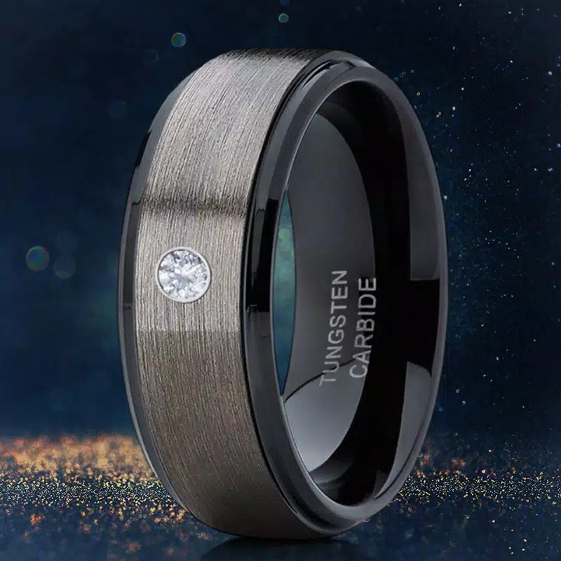Cincin Titanium Silver Permata Putih Lis Hitam Casual | Cincin Pria
