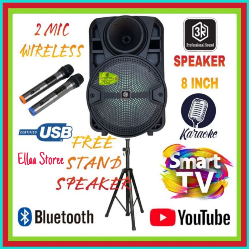SPEAKER PORTABLE 3R 8 INCH KARAOKE SMART TV YOUTUBE+STAND SPEAKER 2 MIC