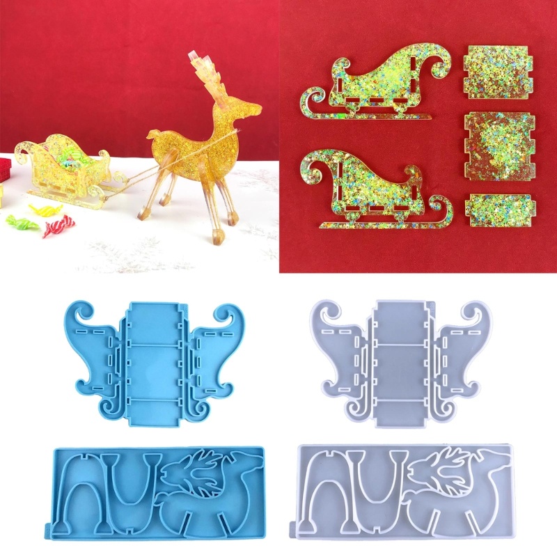 SIY Reindeer and Santa's Sleigh Resin Silicone Mold for Jewelry Container Home Decor