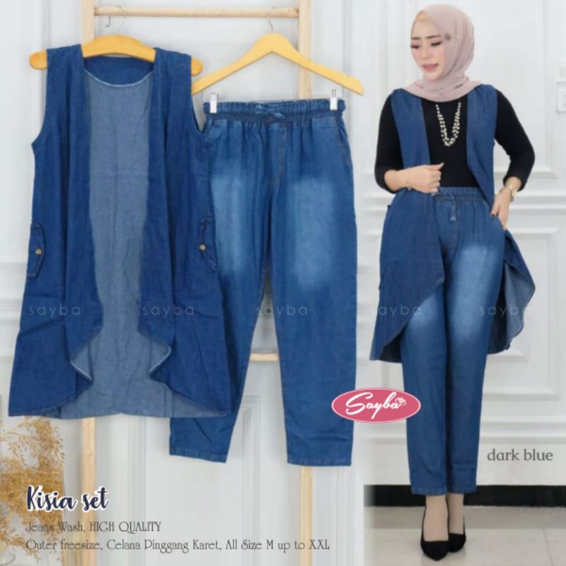 Kisia One Set Setelan Celana Baggy Blazer Outer Cardigan Polos Jeans Ld -+110 Fit XL By Sayba