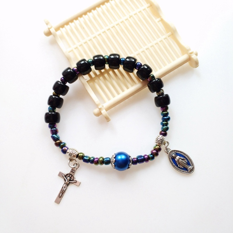 Zzz Gelang Rosario Katolik / Baptisan Manik Kaca + Salib Akrilik Warna Hitam