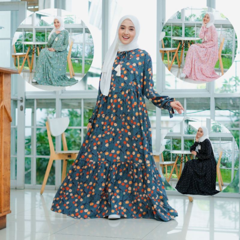 gamis rumahan rayon premium tali depan busui friendly motif baru limited pink birunhitam bunga shabby polka hitam bisa gosend bandung